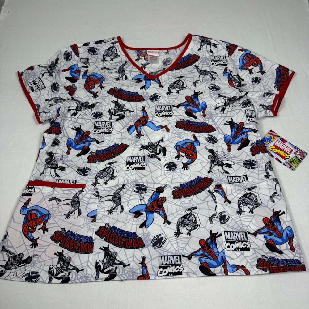 Marvel Spider-Man Scrub Top 2XL White Red Amazing Spider-Man Comic Print NWT